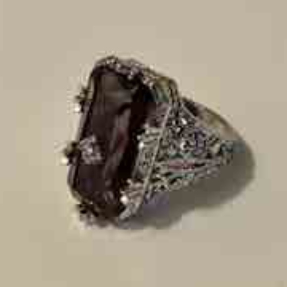 Large  Silver Tone Clear Purple Stone Ring with CZ Accent / Antique Reproduction - Picture 3 of 14